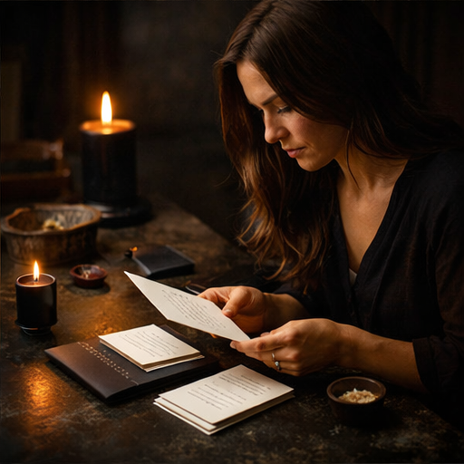 A woman reading The Reset cards by candlelight - a quiet moment of reflection
