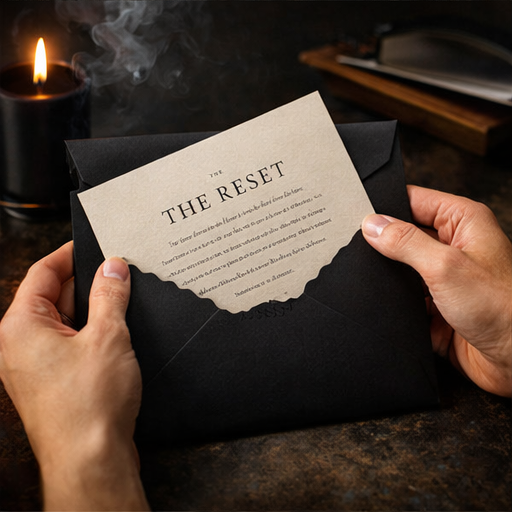 Hands opening The Reset letter from a sealed black envelope by candlelight